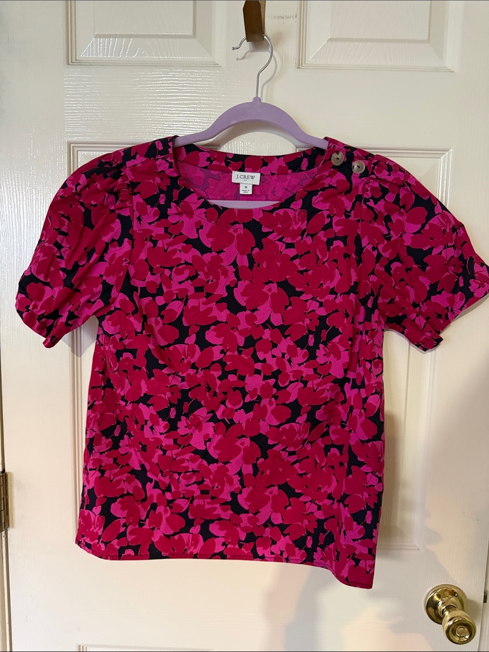 J. Crew Magenta Floral Short-Sleeve Cotton Crewneck Top